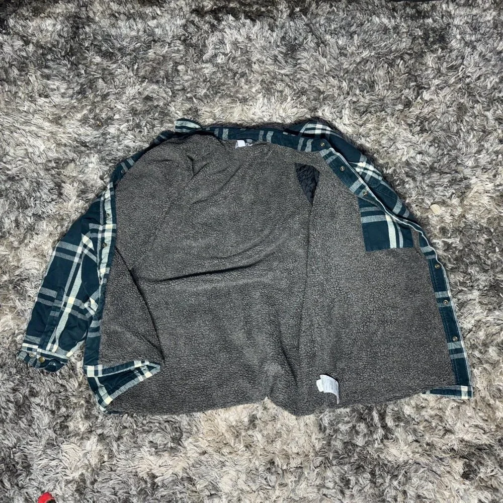 Vtg Size XL Carhartt Men Ink Green Flannel Sherpa Lined Plaid Snap‎ Front Jacket